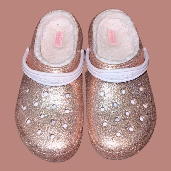 Crocs Big Girls Rose Glitter Fleece Lined Clogs Size J 6 - Picture 2 of 5